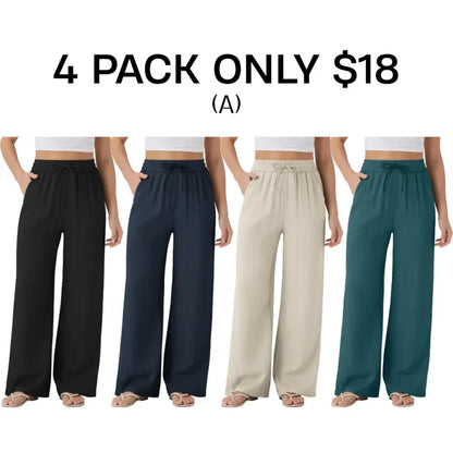 Women’s High Waisted Drawstring Pocket Wide Leg Linen-Feel Pants