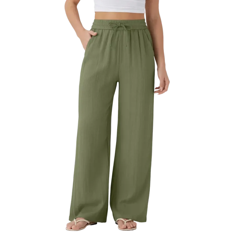 Women’s High Waisted Drawstring Pocket Wide Leg Linen-Feel Pants