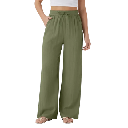 Women’s High Waisted Drawstring Pocket Wide Leg Linen-Feel Pants