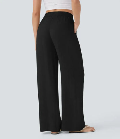 Women’s High Waisted Drawstring Pocket Wide Leg Linen-Feel Pants