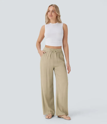 Women’s High Waisted Drawstring Pocket Wide Leg Linen-Feel Pants