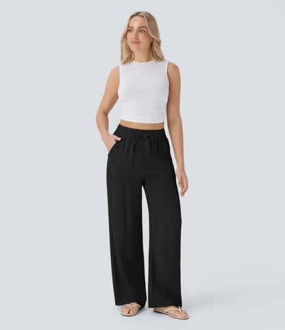 Women’s High Waisted Drawstring Pocket Wide Leg Linen-Feel Pants