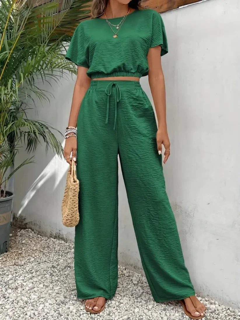 🔥Last Chance 90% Off🔥Women's Solid Color Fitted Top & Wide Leg Pants Two-piece Set