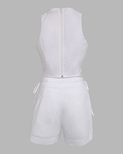 2 Pieces Outfit Button Decor Sleeveless Hollow-out Front Zipper Back Crop Top and Casual Elastic Back Waist Tie Side Shorts Set