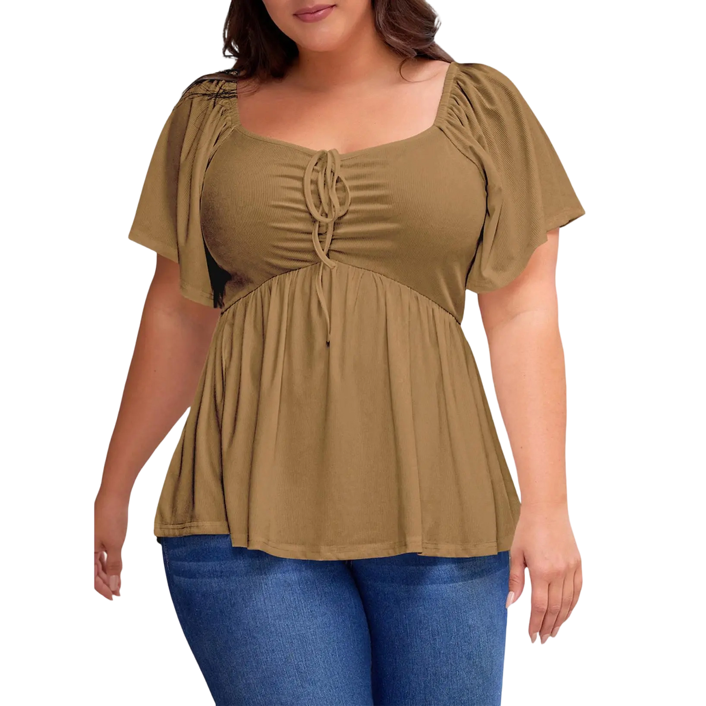Women Plus Size Sweetheart Neck Short Sleeve Shirred Peplum Blouse Tops Shirts(S-5X)