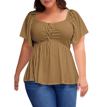 Women Plus Size Sweetheart Neck Short Sleeve Shirred Peplum Blouse Tops Shirts(S-5X)