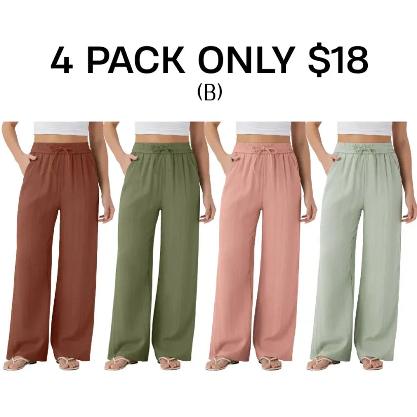 Women’s High Waisted Drawstring Pocket Wide Leg Linen-Feel Pants