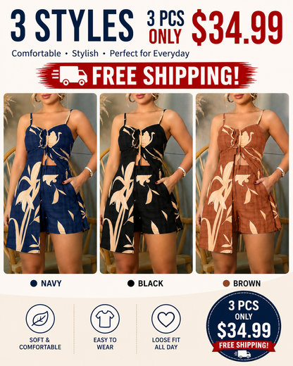 Women's 2 Piece Tropical Floral Vacation Set Sweetheart Neck Slit Cami Top and Shorts Set Casual Beach Outfits