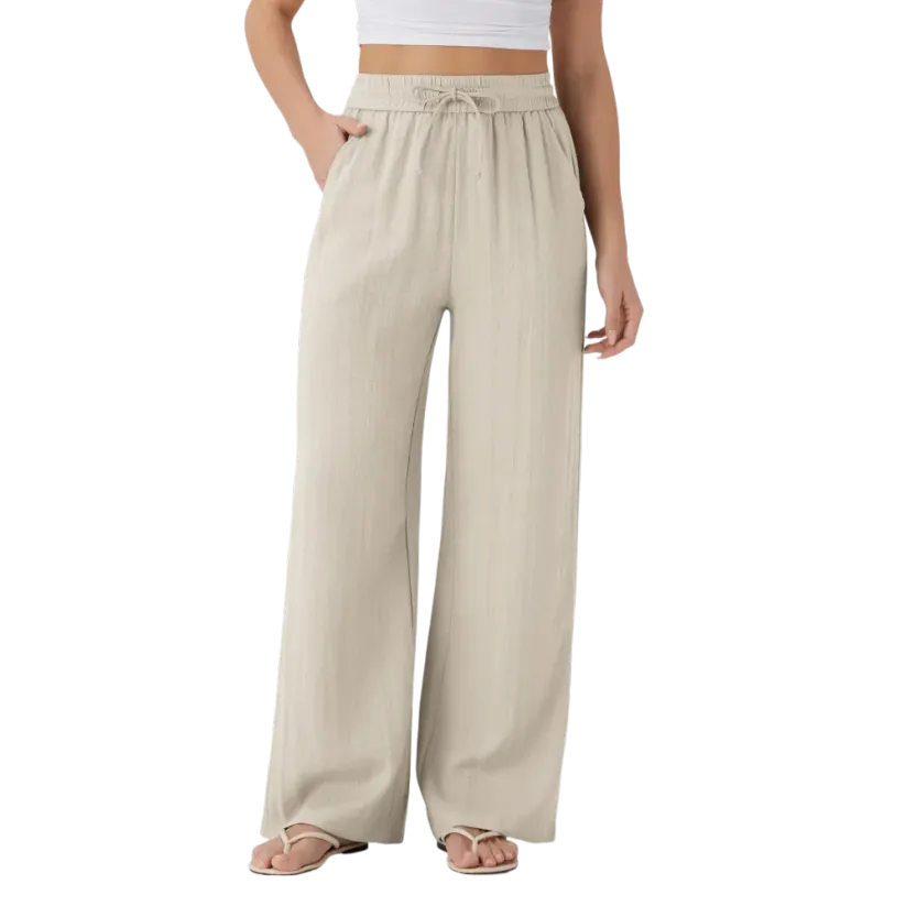 Women’s High Waisted Drawstring Pocket Wide Leg Linen-Feel Pants