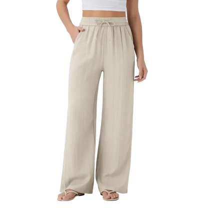 Women’s High Waisted Drawstring Pocket Wide Leg Linen-Feel Pants