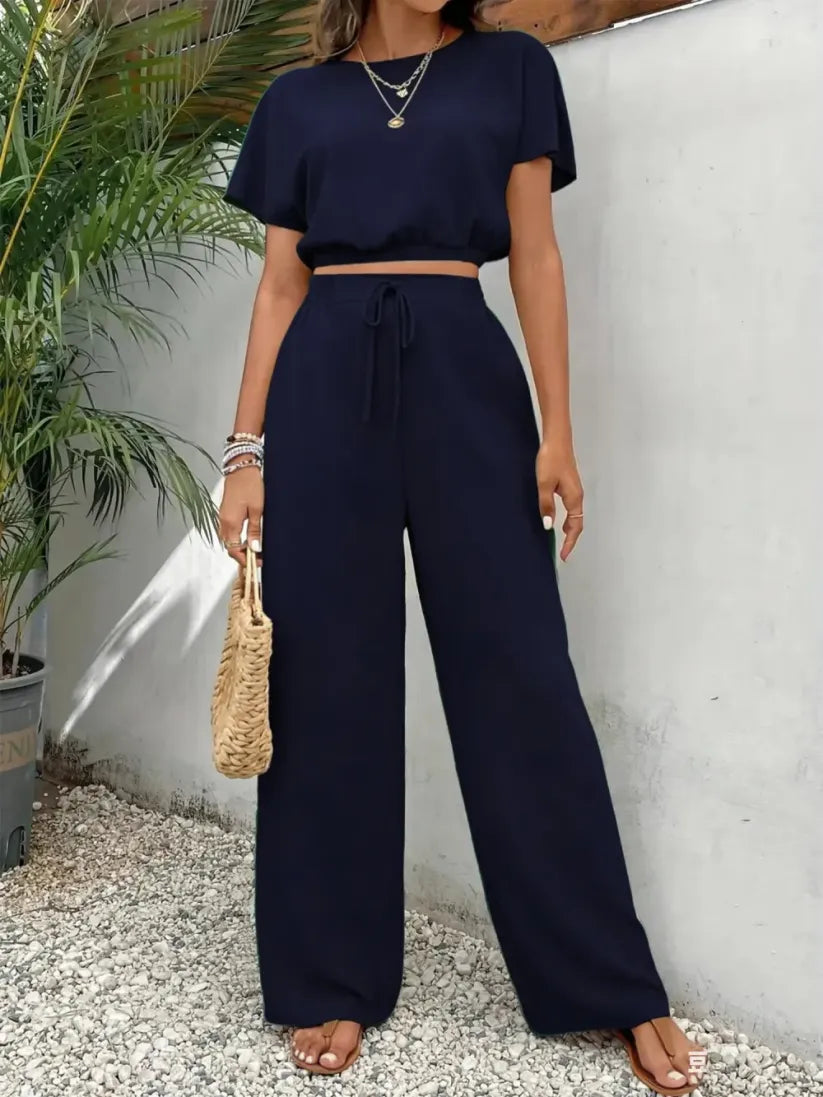 🔥Last Chance 90% Off🔥Women's Solid Color Fitted Top & Wide Leg Pants Two-piece Set