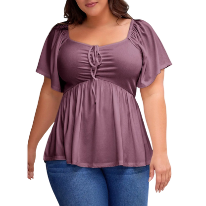 Women Plus Size Sweetheart Neck Short Sleeve Shirred Peplum Blouse Tops Shirts(S-5X)