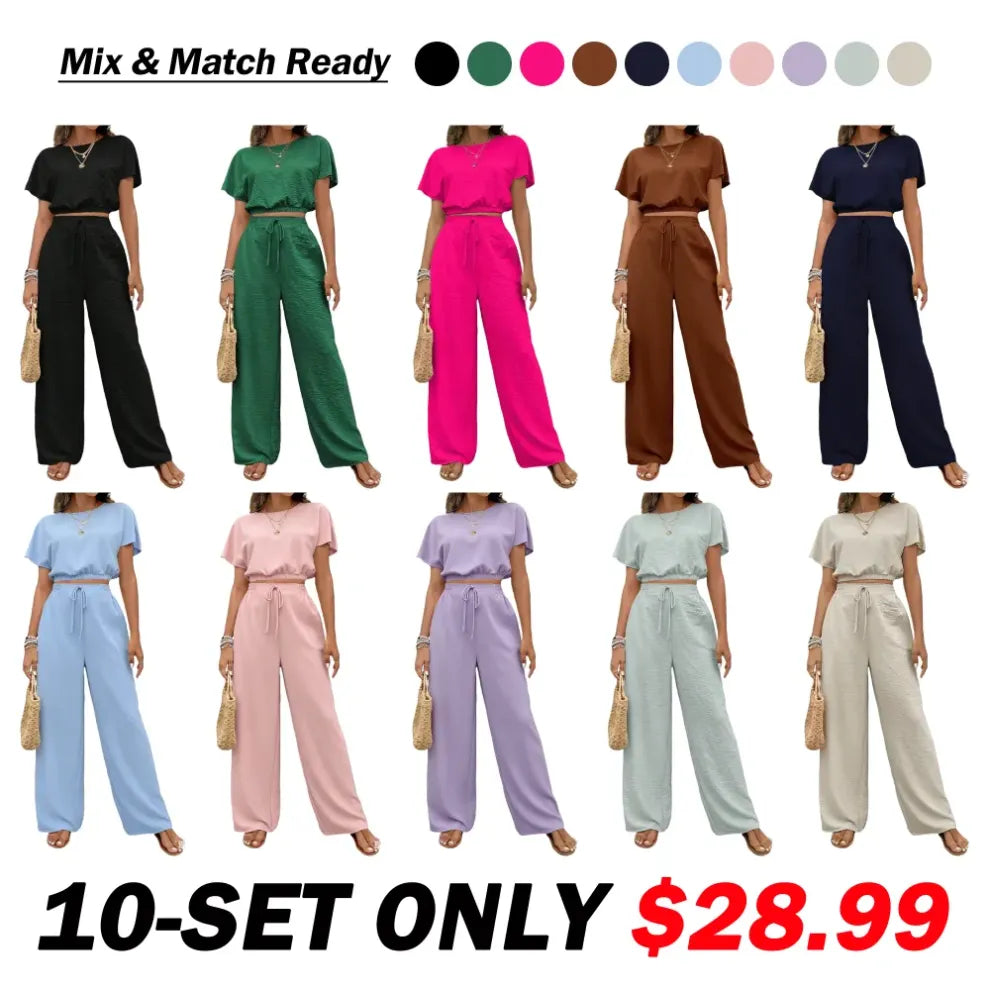 🔥Last Chance 90% Off🔥Women's Solid Color Fitted Top & Wide Leg Pants Two-piece Set