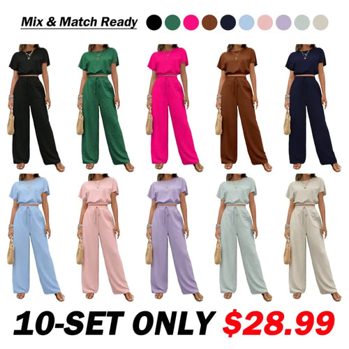 🔥Last Chance 90% Off🔥Women's Solid Color Fitted Top & Wide Leg Pants Two-piece Set