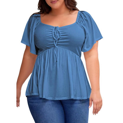 Women Plus Size Sweetheart Neck Short Sleeve Shirred Peplum Blouse Tops Shirts(S-5X)