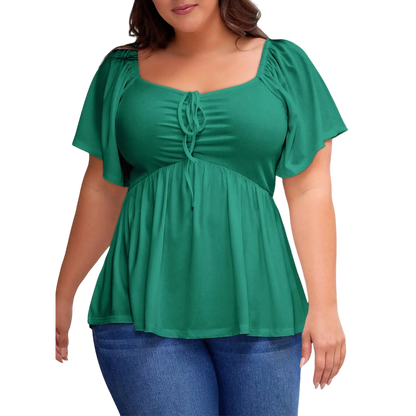 Women Plus Size Sweetheart Neck Short Sleeve Shirred Peplum Blouse Tops Shirts(S-5X)