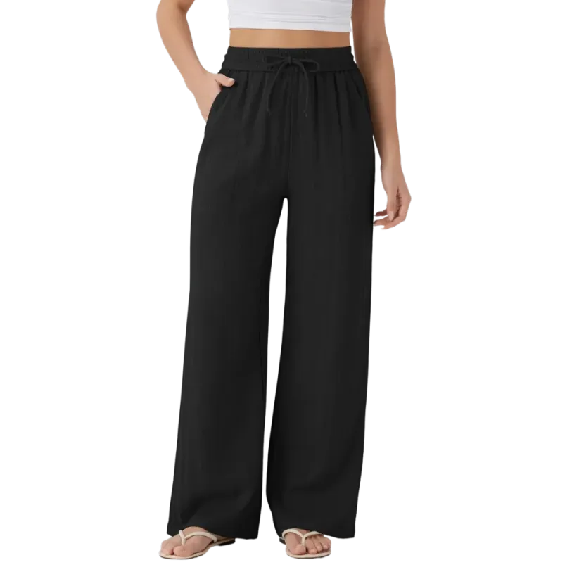 Women’s High Waisted Drawstring Pocket Wide Leg Linen-Feel Pants