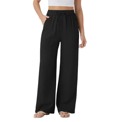Women’s High Waisted Drawstring Pocket Wide Leg Linen-Feel Pants