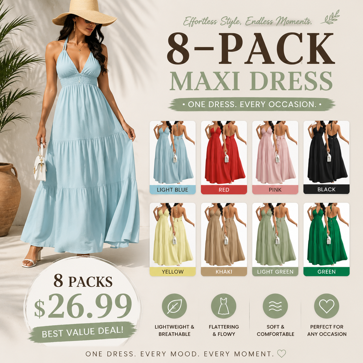 Women's Maxi Summer Dresses Halter V Neck Beach Dresses for Women A-Line Casual Dress for Vacation