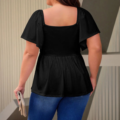 Women Plus Size Sweetheart Neck Short Sleeve Shirred Peplum Blouse Tops Shirts(S-5X)