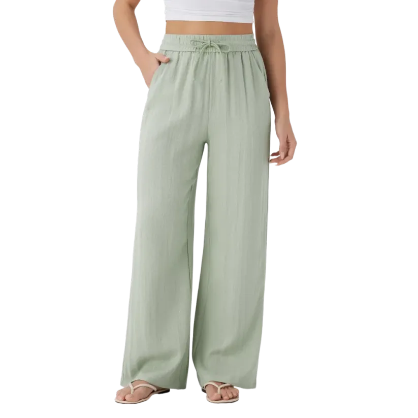 Women’s High Waisted Drawstring Pocket Wide Leg Linen-Feel Pants
