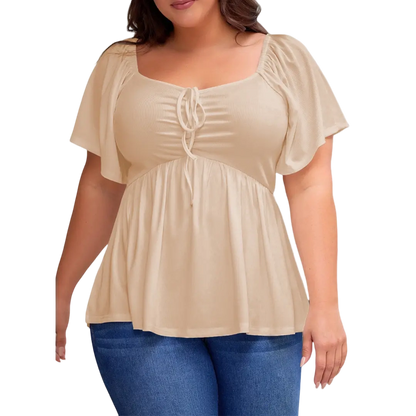 Women Plus Size Sweetheart Neck Short Sleeve Shirred Peplum Blouse Tops Shirts(S-5X)