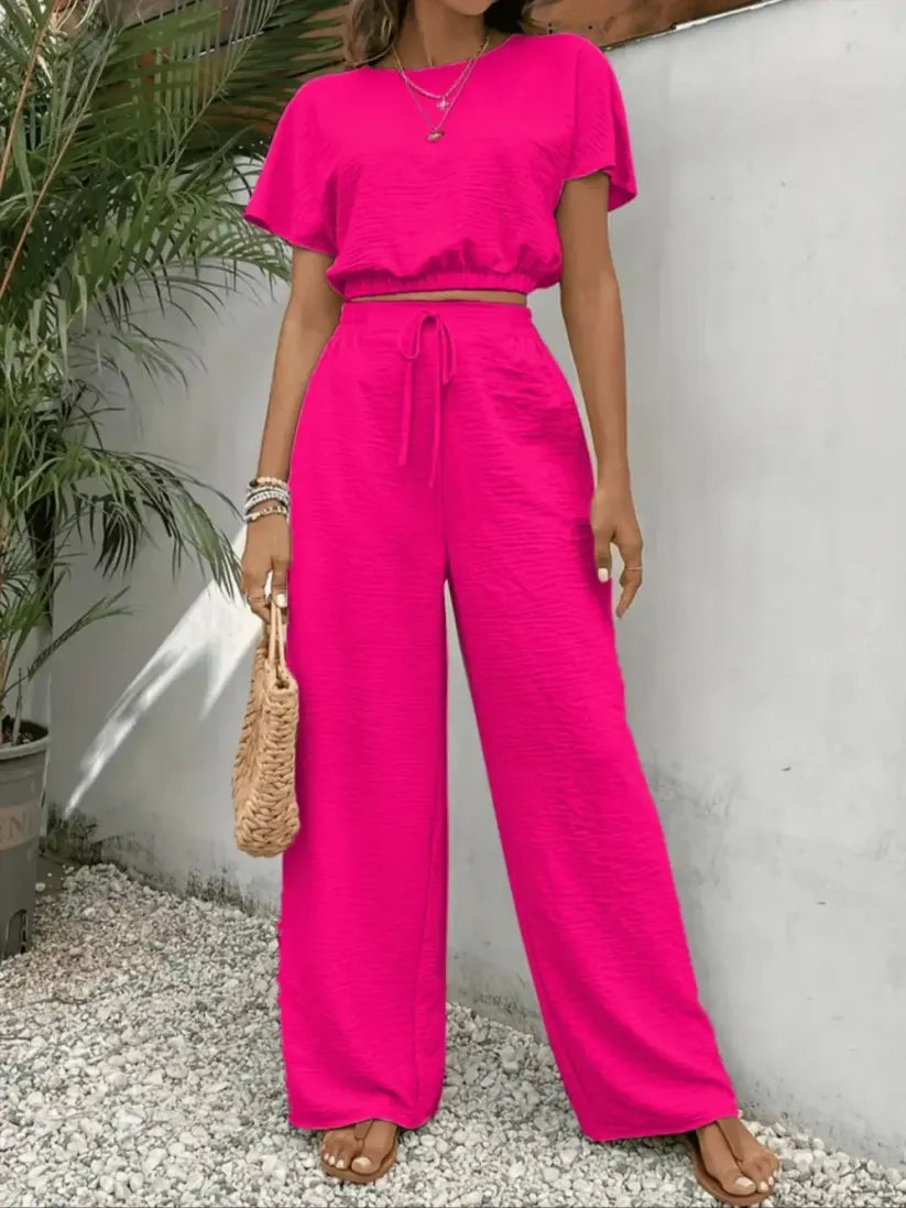 🔥Last Chance 90% Off🔥Women's Solid Color Fitted Top & Wide Leg Pants Two-piece Set