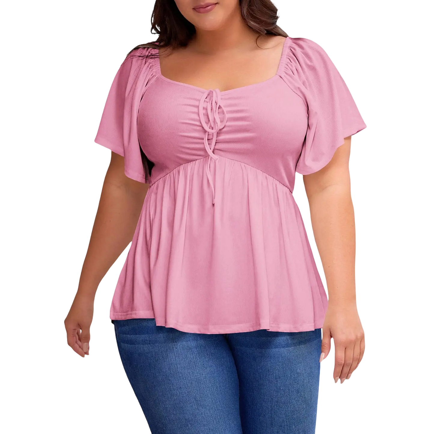 Women Plus Size Sweetheart Neck Short Sleeve Shirred Peplum Blouse Tops Shirts(S-5X)