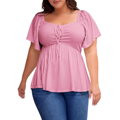 Women Plus Size Sweetheart Neck Short Sleeve Shirred Peplum Blouse Tops Shirts(S-5X)