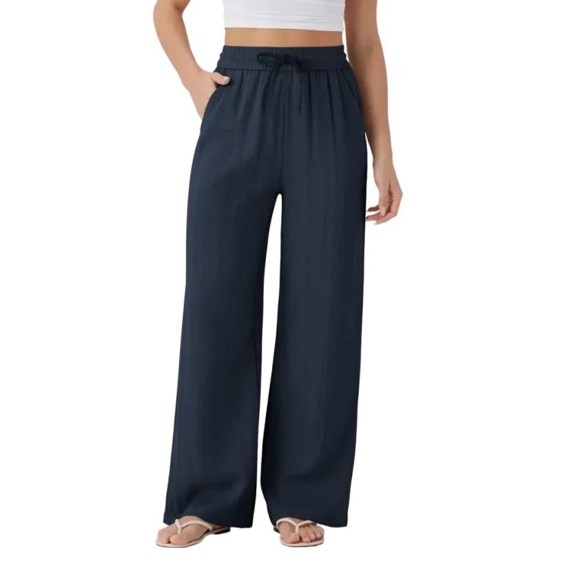 Women’s High Waisted Drawstring Pocket Wide Leg Linen-Feel Pants