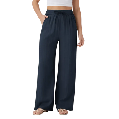Women’s High Waisted Drawstring Pocket Wide Leg Linen-Feel Pants