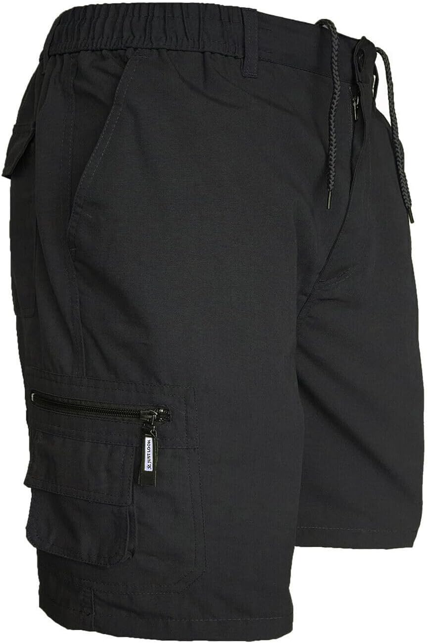 Mens Cargo Shorts Combat Multi Pocket Elasticated Waist Plain Lightweight Shorts