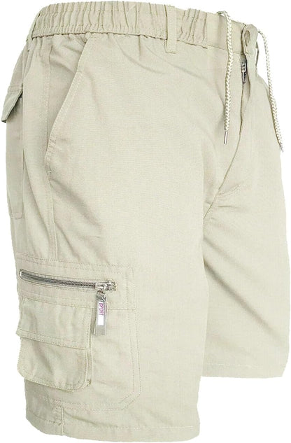 Mens Cargo Shorts Combat Multi Pocket Elasticated Waist Plain Lightweight Shorts