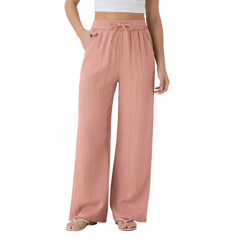 Women’s High Waisted Drawstring Pocket Wide Leg Linen-Feel Pants