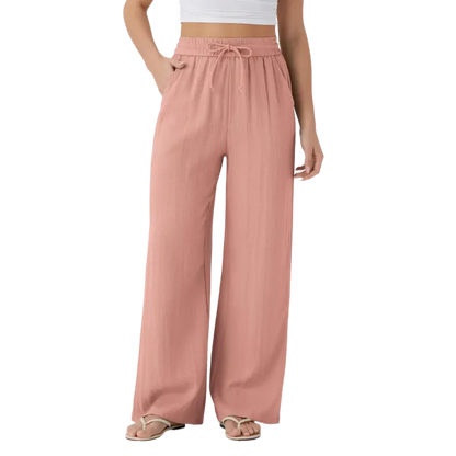 Women’s High Waisted Drawstring Pocket Wide Leg Linen-Feel Pants