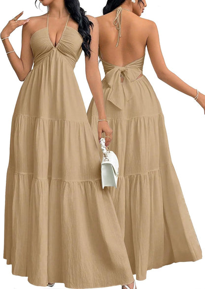Women's Maxi Summer Dresses Halter V Neck Beach Dresses for Women A-Line Casual Dress for Vacation