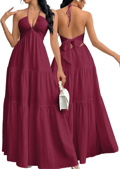 Women's Maxi Summer Dresses Halter V Neck Beach Dresses for Women A-Line Casual Dress for Vacation