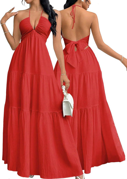 Women's Maxi Summer Dresses Halter V Neck Beach Dresses for Women A-Line Casual Dress for Vacation