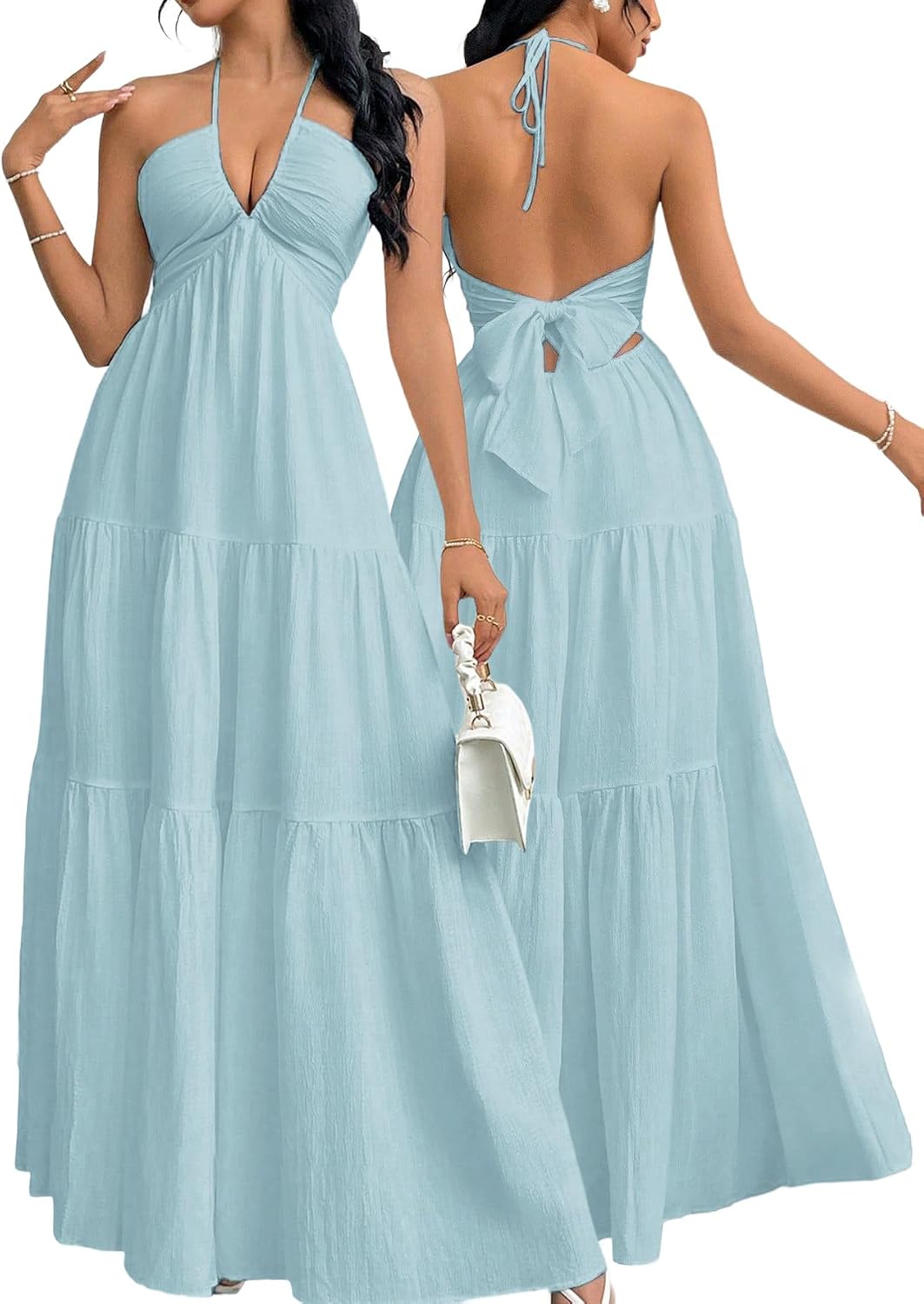 Women's Maxi Summer Dresses Halter V Neck Beach Dresses for Women A-Line Casual Dress for Vacation