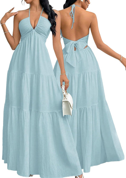 Women's Maxi Summer Dresses Halter V Neck Beach Dresses for Women A-Line Casual Dress for Vacation