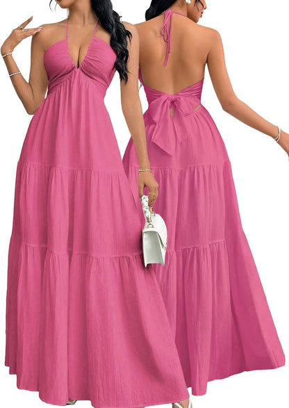 Women's Maxi Summer Dresses Halter V Neck Beach Dresses for Women A-Line Casual Dress for Vacation