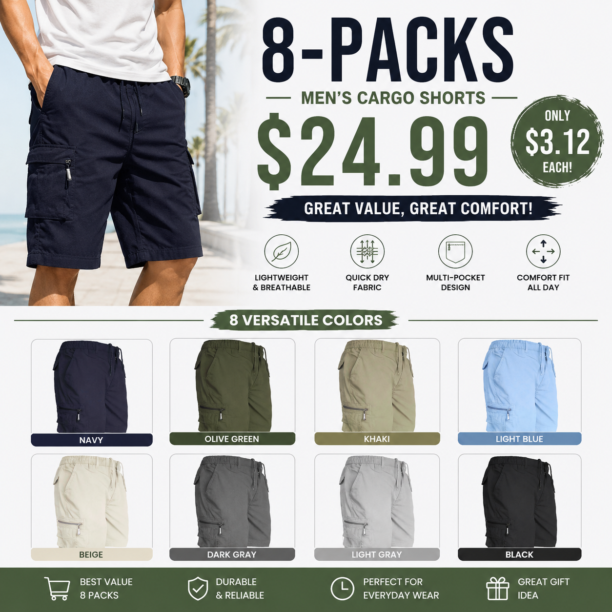 Mens Cargo Shorts Combat Multi Pocket Elasticated Waist Plain Lightweight Shorts