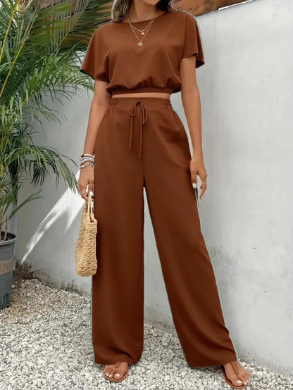 🔥Last Chance 90% Off🔥Women's Solid Color Fitted Top & Wide Leg Pants Two-piece Set