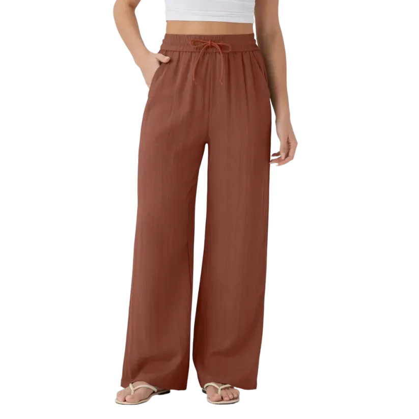 Women’s High Waisted Drawstring Pocket Wide Leg Linen-Feel Pants