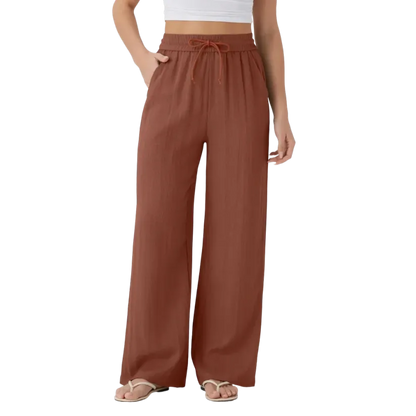 Women’s High Waisted Drawstring Pocket Wide Leg Linen-Feel Pants