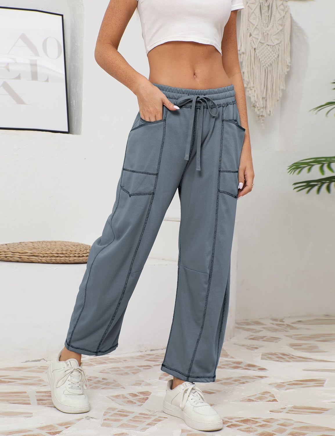 🔥Today's Specials-Women's Barrel Sweatpants - Baggy Wide Leg with Pockets & Drawstring