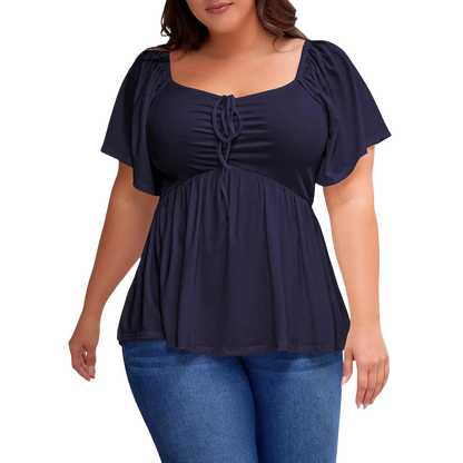 Women Plus Size Sweetheart Neck Short Sleeve Shirred Peplum Blouse Tops Shirts(S-5X)