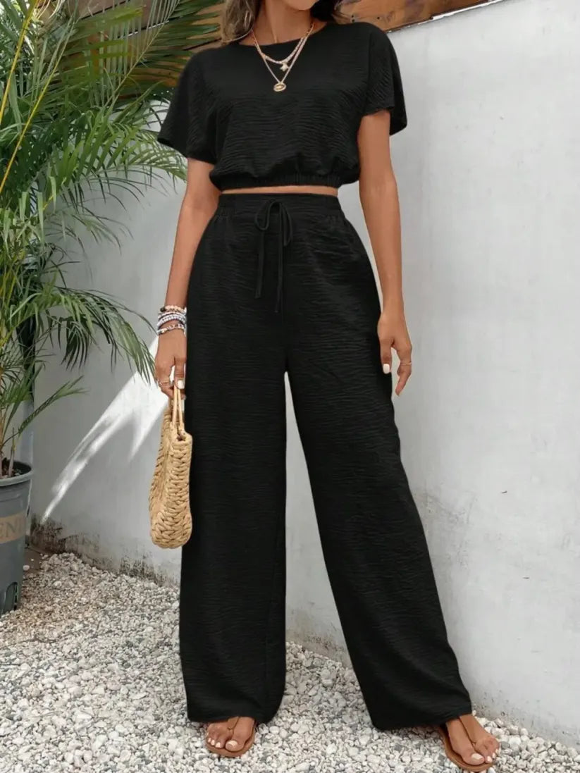 🔥Last Chance 90% Off🔥Women's Solid Color Fitted Top & Wide Leg Pants Two-piece Set