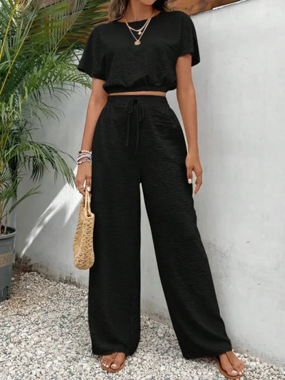 🔥Last Chance 90% Off🔥Women's Solid Color Fitted Top & Wide Leg Pants Two-piece Set