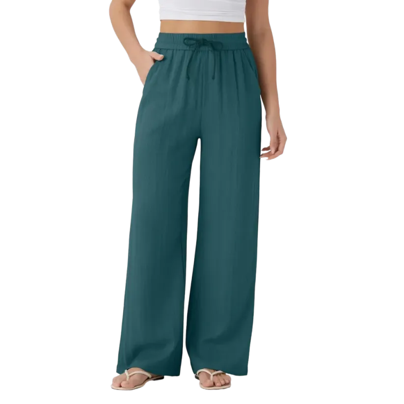 Women’s High Waisted Drawstring Pocket Wide Leg Linen-Feel Pants